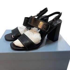 Prada Size 39.5 Leather Turnlock Slingback Sandals Black Block Heel Minimalist